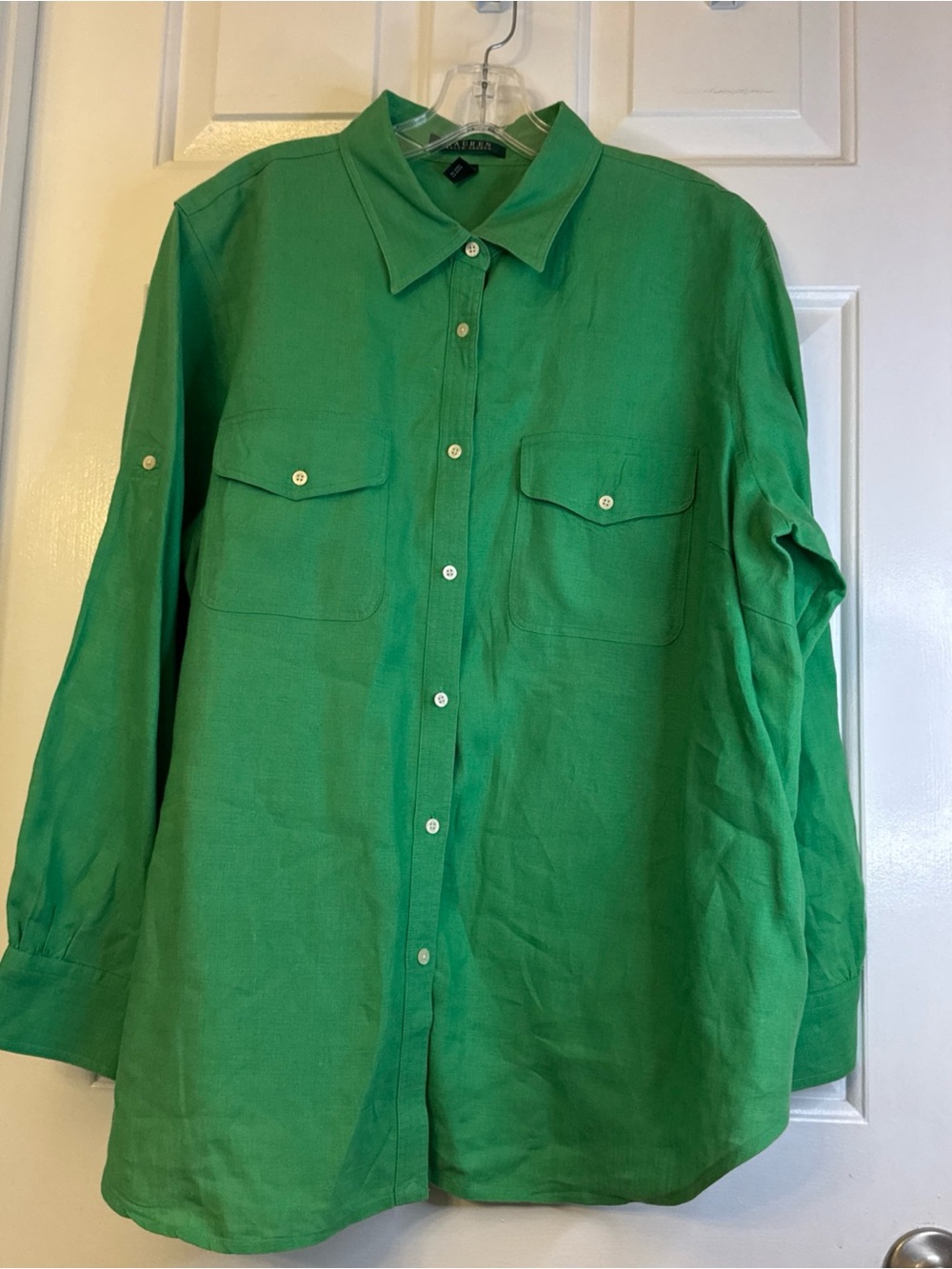 Lauren Ralph Lauren Shirt Women Sz 2X 100% Linen Button Front Green Roll Tab